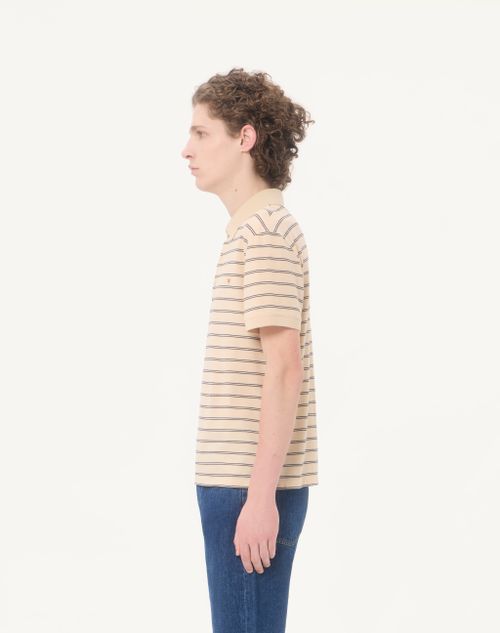 Valentino - Valentino Cotton Pique Polo Shirt With Vgold Stripes - Beige/navy - Man - T-shirts And Sweatshirts